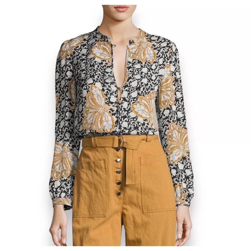 A.L.C. Women's Floral Lox Silk Top Black Gold Keyhole/V Neck Long Sleeve Peplum
